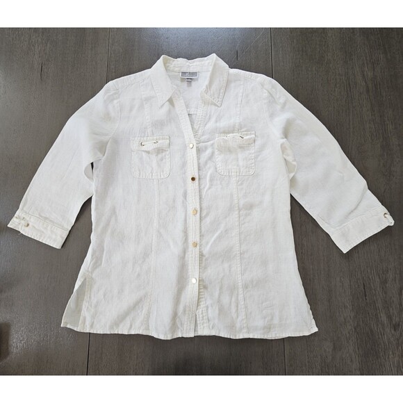 Women’s JM Collection 100% Linen White Shirt 3/4 Sleeved Gold Button Down Sz 10 - Picture 1 of 8